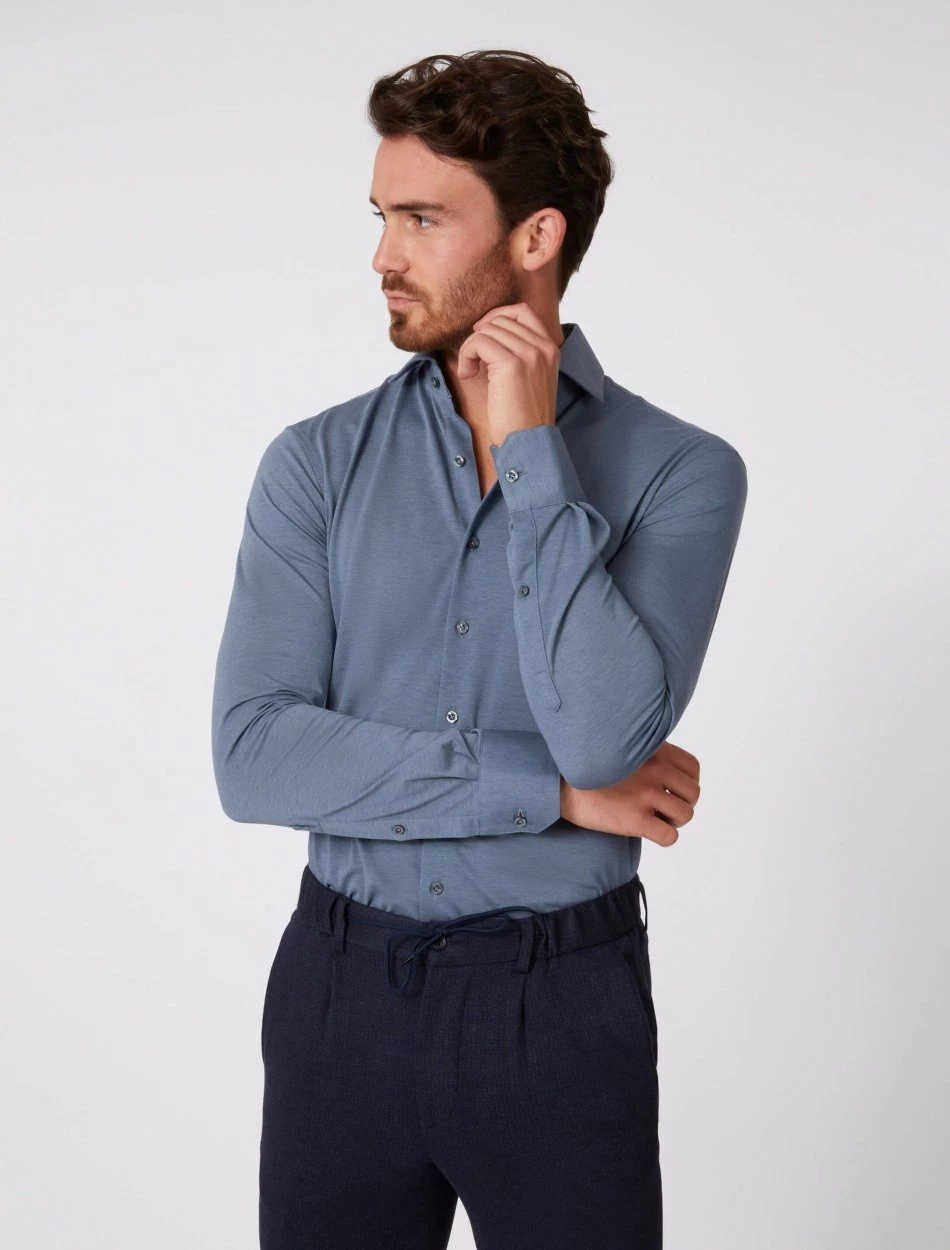 Cavallaro Napoli Piquo Overhemd Denim Blauw 5 Cavallaro Napoli Piquo Overhemd Denim Blauw - Afbeelding 5